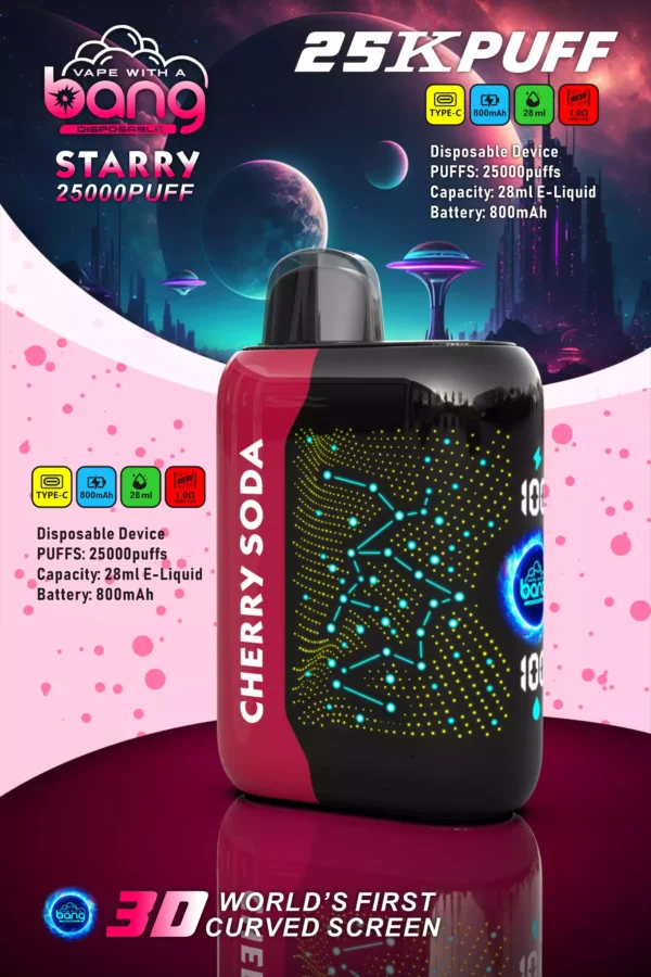 High-Quality Bang Starry 25000 Puffs Rechargeable Disposable Vape with Mesh Coil and 3D Curved Screen - 28ml E-Liquid, 0% to 5% Low Nicotine, Bulk Wholesale for Maximum Vaping Pleasure (1)