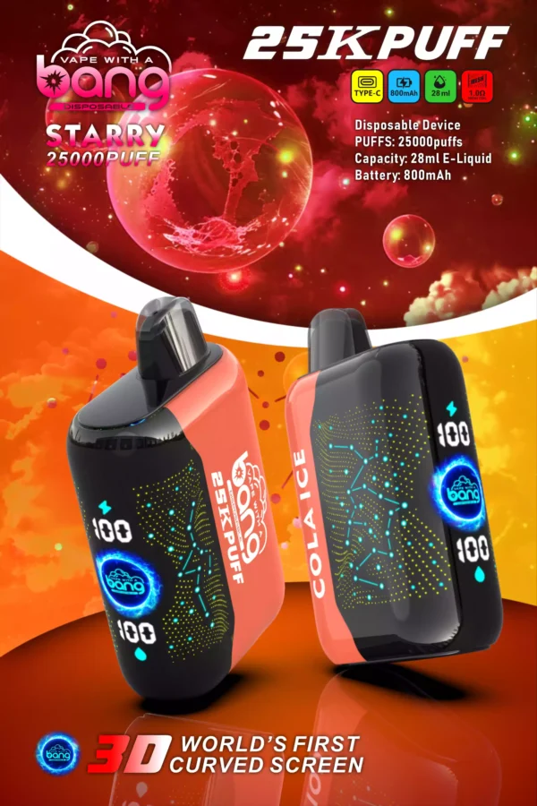 High-Quality Bang Starry 25000 Puffs Rechargeable Disposable Vape with Mesh Coil and 3D Curved Screen - 28ml E-Liquid, 0% to 5% Low Nicotine, Bulk Wholesale for Maximum Vaping Pleasure (15)