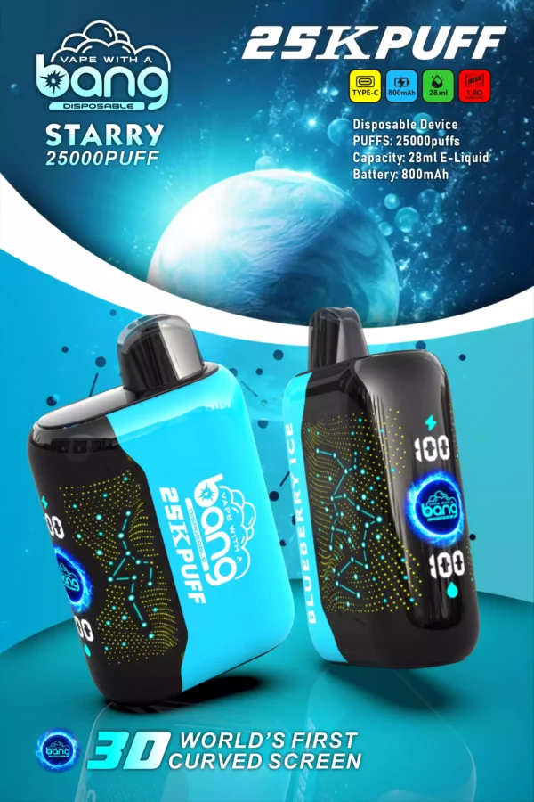 High-Quality Bang Starry 25000 Puffs Rechargeable Disposable Vape with Mesh Coil and 3D Curved Screen - 28ml E-Liquid, 0% to 5% Low Nicotine, Bulk Wholesale for Maximum Vaping Pleasure (17)