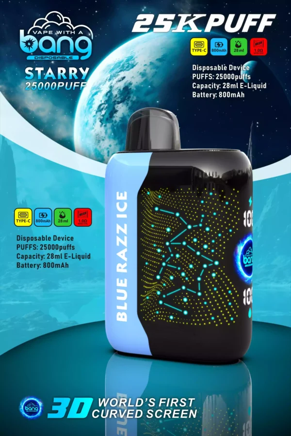 High-Quality Bang Starry 25000 Puffs Rechargeable Disposable Vape with Mesh Coil and 3D Curved Screen - 28ml E-Liquid, 0% to 5% Low Nicotine, Bulk Wholesale for Maximum Vaping Pleasure (2)