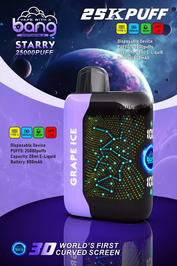 High-Quality Bang Starry 25000 Puffs Rechargeable Disposable Vape with Mesh Coil and 3D Curved Screen - 28ml E-Liquid, 0% to 5% Low Nicotine, Bulk Wholesale for Maximum Vaping Pleasure (3)