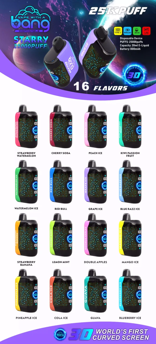 High-Quality Bang Starry 25000 Puffs Rechargeable Disposable Vape with Mesh Coil and 3D Curved Screen - 28ml E-Liquid, 0% to 5% Low Nicotine, Bulk Wholesale for Maximum Vaping Pleasure (6)