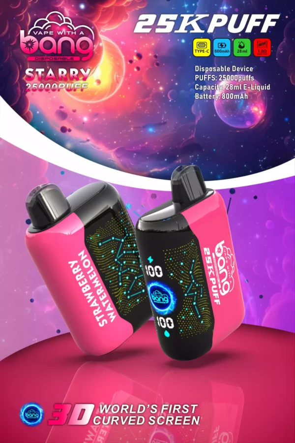 High-Quality Bang Starry 25000 Puffs Rechargeable Disposable Vape with Mesh Coil and 3D Curved Screen - 28ml E-Liquid, 0% to 5% Low Nicotine, Bulk Wholesale for Maximum Vaping Pleasure (7)