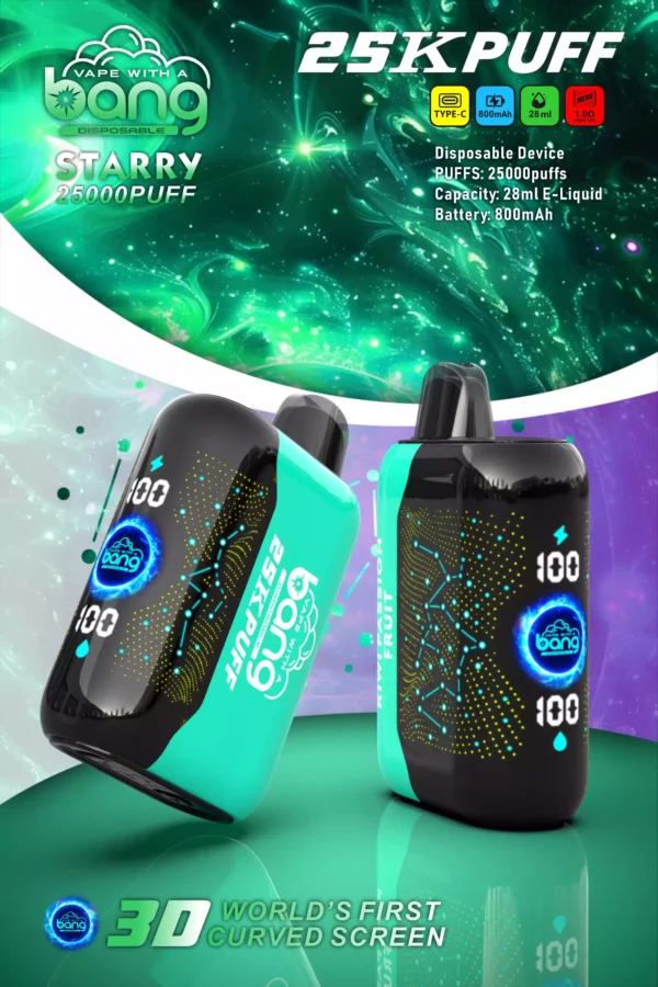 High-Quality Bang Starry 25000 Puffs Rechargeable Disposable Vape with Mesh Coil and 3D Curved Screen - 28ml E-Liquid, 0% to 5% Low Nicotine, Bulk Wholesale for Maximum Vaping Pleasure (8)