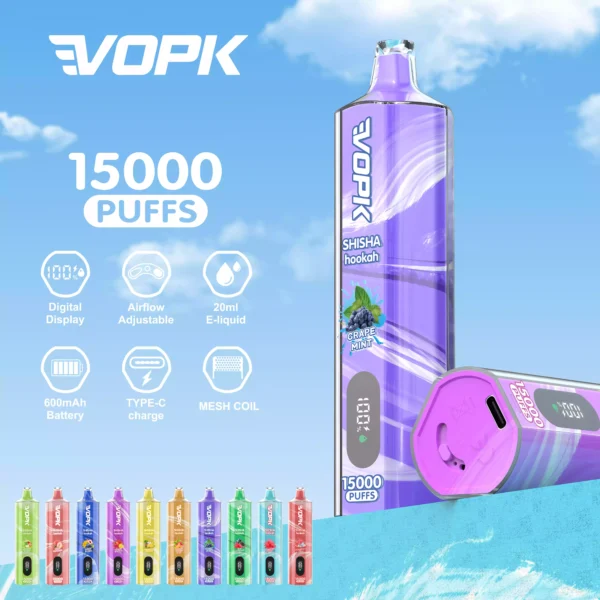 VOPK Shisha Hookah 15000 Puffs Rechargeable Vape Pen with Adjustable Airflow and LED Display - Available in 0% 2% 3% 5% Nicotine - Bulk Purchase Discount for Hot 2025 Model (1 (13)